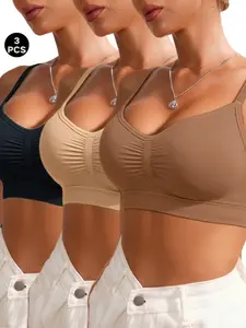 3pcs Soft Breathable Seamless Bralettes, Full Coverage Medium Support, Ultimate Sports Bra, Sporty Lingerie for All Seasons, Detachable Pads, Hidden Back Fat Control