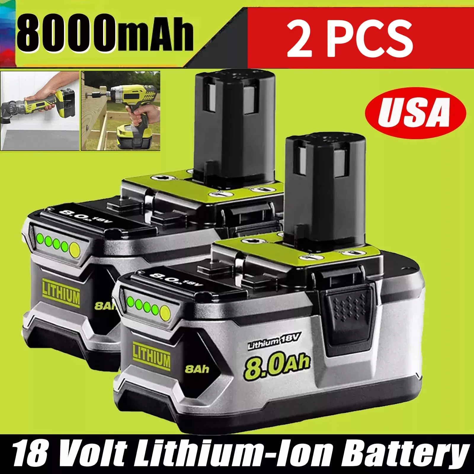 2PACK For RYOBI 18V 8.0Ah P108 High Capacity Battery 18Volt Lithium-Ion One Plus