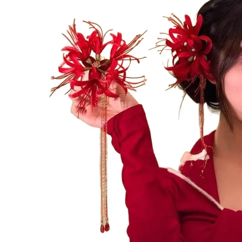 Women's Gothic Red Spider Lily (Lycoris Radiata) Tassel Duckbill Hair Clips - Decorative Fashion Hair Accessories for Memorial Day, Weddings