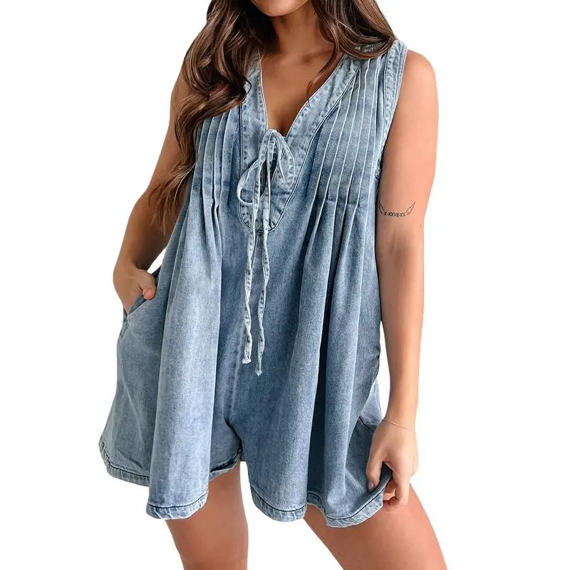 Women's Demin Tank Top Jumpsuit, Loose Pleated Tie Front V Neck Sleeveless Shorts Romper with Pockets, Ladies Summer Overalls for Daily Wear, Women's Outfits