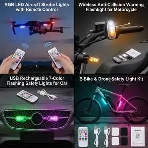 4PCS RGB LED Aircraft Strobe Lights with Remote Control, Wireless Anti-Collision Warning Flashlight, USB Rechargeable 7-Color Flashing Safety Lights for Motorcycle, Drone, E-Bike, and Car