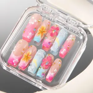 S74 Nailed by Vibe – Mermaid Floral Fantasy Press-On Nails, 3D Tropical Flowers & Starfish Charms, Candy Pastel Palette, Rhinestone Accents, Summer Vacation Vibes, Gifts for Her