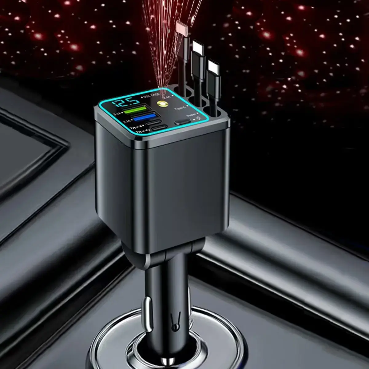 7-in-1 Retractable Car Charger: 120W Max Fast Charging Station with 3 Cables, Star Projector | LED Voltage Display & | Premium Car Accessories for iPhone & Android | Essential Road Trip Gadget & Organizer, Gifts for Father’s Day for Men, Dad, Husband