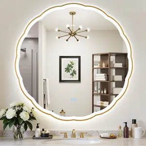 Golden Wavy Metal Frame Round Lighted Bathroom Vanity Mirror Backlit Front Lit Dimmable Anti Fog Wall Mounted for Modern Bathrooms