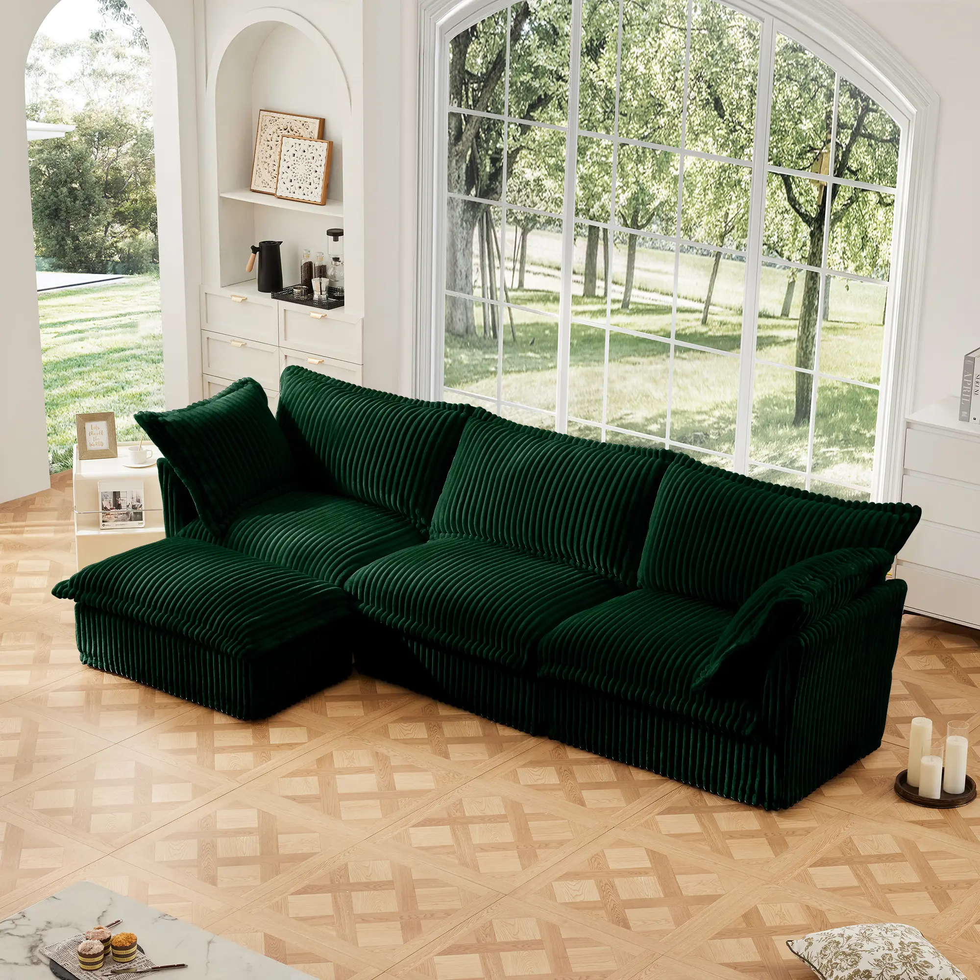 L-Shaped Slipcovered Sectional Sofa Couch with Convertible Ottoman & 2 Pillows, Comfy Deep Seat Cloud Couch, Modern Oversized 3 Seater Corduroy Sofa Set for Living Room Office, Green, Living Room Furniture for Apartment, Lounge, Family Room
