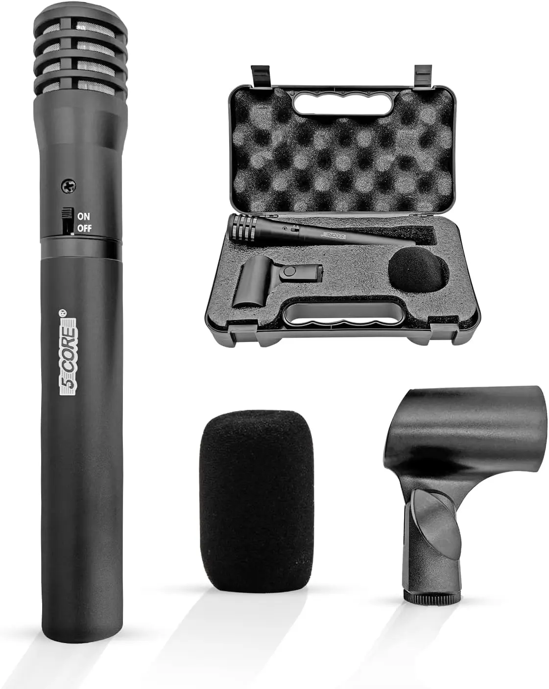 5 CORE INSTRU MIC 100 BLK Professional Condenser Pencil Microphone, Cardioid Unidirectional Stick Mic, High SPL, Phantom/AA Power, 18kHz Frequency, 45 Decibels, w/ Windscreen, Clip & Black Case, 48 V