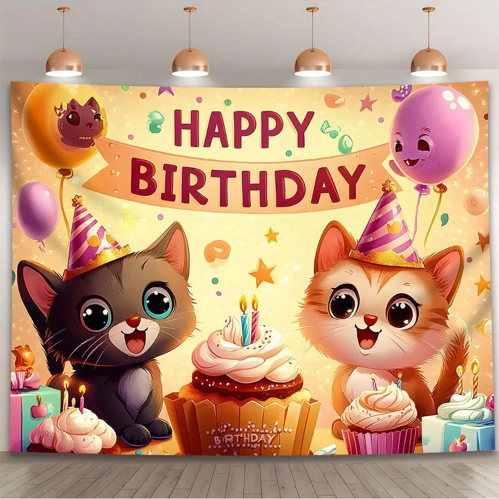 1pc Glam Durable Cartoon Cat Animal Birthday Backdrop Banner - Hangable Whimsical Home Decor, Soft Vibrant Polyester Fabric Wall Decor, Easy-to-Hang Design with Balloons & Cupcakes for Indoor/Outdoor Party Ornaments, Soft Fabric