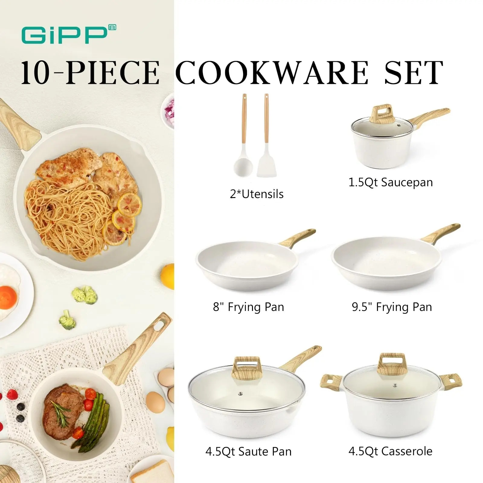 [Official] GiPP Pots and Pans Set Non Stick - White Kitchen Cookware Sets, Granite Nonstick Induction Cookware Non-toxic Cooking Pan Set with Lids, Cooking Pots Sets with Frying Pans, Steamer, Saucepans, PFOS and PFOA Free