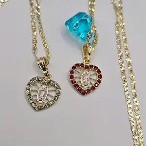 VIRGIN MARY beautiful hearts set of 2 chains Gold-plated red also pink