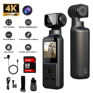 4K HD Video Recording Camera，64G Mini Body Camera Portable Vlogging Cam with Microphones，Handheld Stabilizer，270° Swivel, 1.33" CMOS Sensor for Riding, Security, Delivery, Running, Cycling