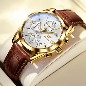 OLEVS Men's Leather Watch Round Dial Quartz Chronograph Waterproof Luminous Fashion Dress Strap 40mm Dial 30m Water Resistant