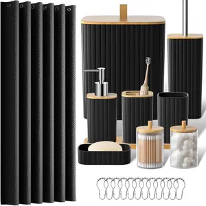 Black Bathroom Set with Shower Curtain Trash Can Toilet Brush Holder Soap Dispenser Modern Accessories Complete Kit