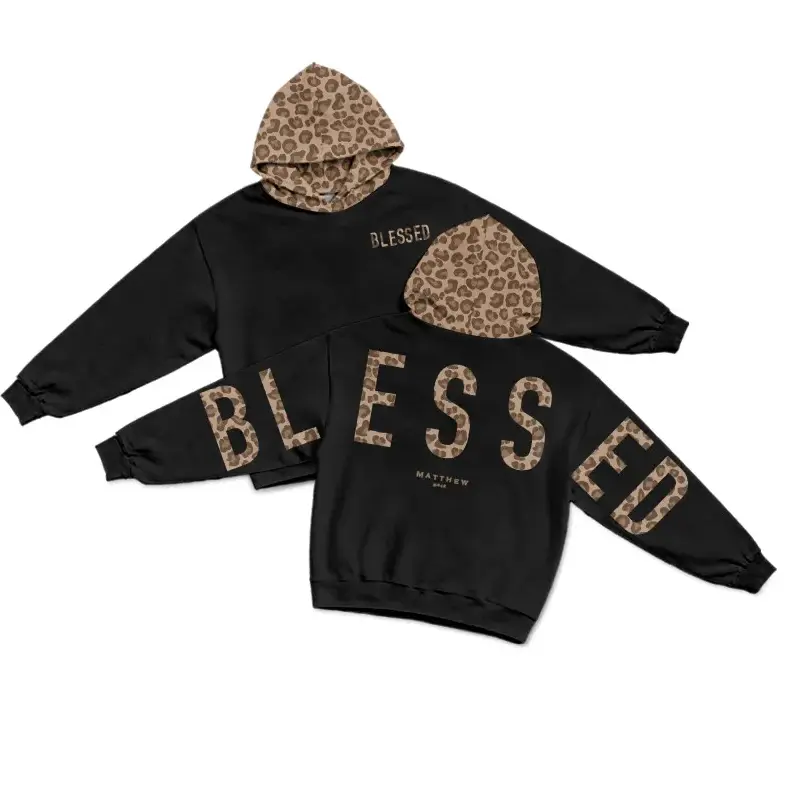 Blessed Matthew 5:3-12 Leopard Patchwork Hoodie, Casual Graphic Pullover Sweatshirt for Men & Women