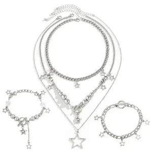 2 Pieces Necklace and bracelet set, Silver Star Necklace Y2K Jewelry Set Grunge bracelet Kawaii Cute Necklaces Aesthetic Vintage Jewelry