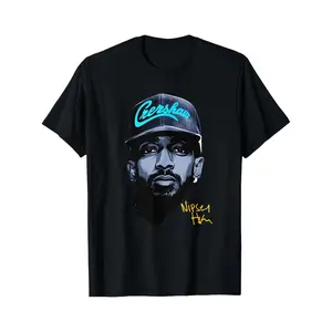 Black T Shirt Nipsey Hussle Portrait With Crenshaw Cap And Signature Graphic Streetwear Fashion For Casual Wear