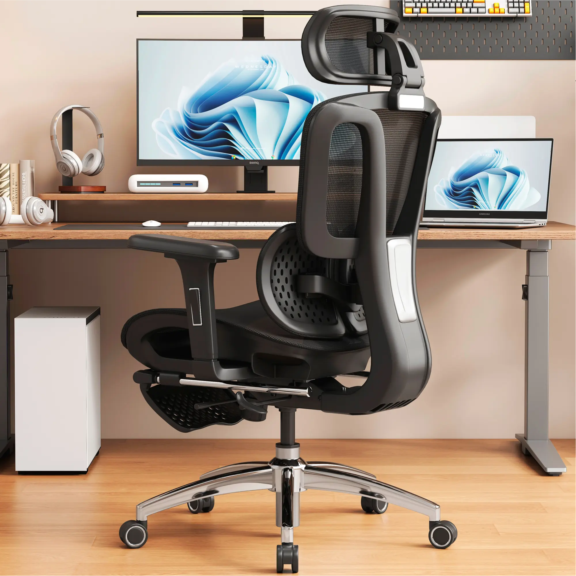 Vonesse High-Back Breathable Mesh Office Chair, with Adjustable 3D Headrest and Armrests, Suitable for Home and Gaming Scenarios, Ergonomic Office Chair with Footrest V956A