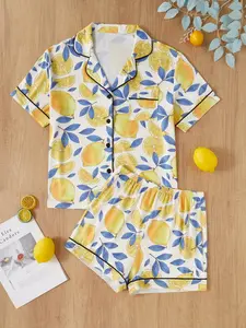 Women's Lemon Leaf Printed Sleepwear Loungewear Set, Casual Fitted Short Sleeve Collared Button Top & Loose Shorts, Comfortable Home Wear for All Seasons Pjs Pajama Set, Casual Fitted Pajamas, Pyjamas