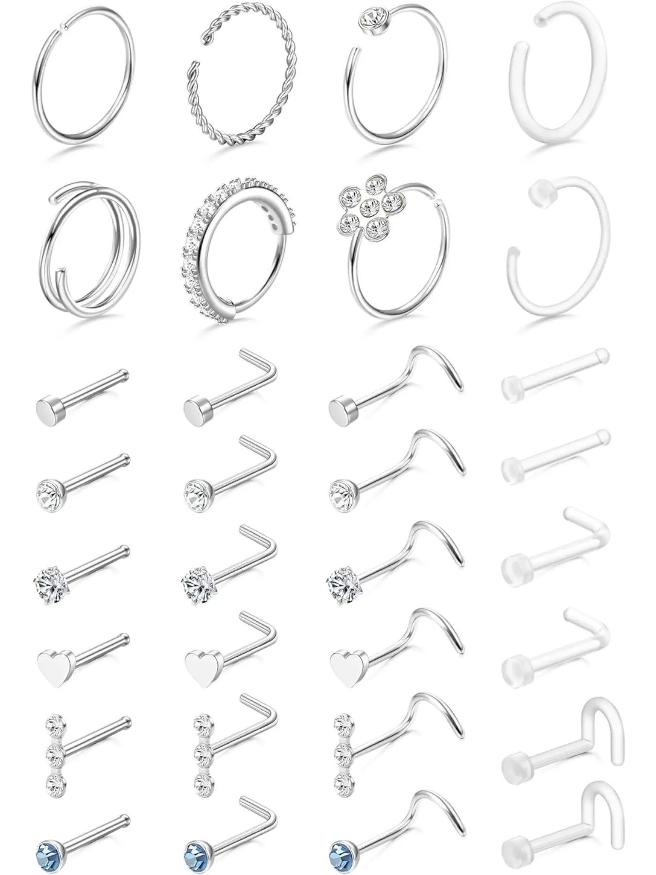 32 Pcs Nose Rings for Women Men - Hypoallergenic Stainless Steel Retainer Clear L Shape/Straight/Corkscrew Nose Rings Hoops Cartilage Helix Tragus Body Piercing Jewelry 18G/20G