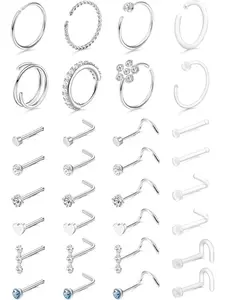 32 Pcs Nose Rings for Women Men - Hypoallergenic Stainless Steel Retainer Clear L Shape/Straight/Corkscrew Nose Rings Hoops Cartilage Helix Tragus 18G/20G Nose Piercing Jewelry Body Jewelry