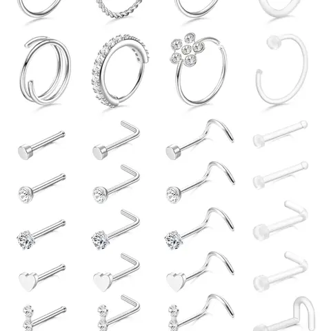 32 Pcs Unisex Nose Piercing Jewelry (18G/20G), Hypoallergenic Stainless Steel Material, Clear Retainer, Hook & L Shape & Straight & Corkscrew Design, Ideal for Nose, Cartilage, Helix and Tragus, Body Jewelry