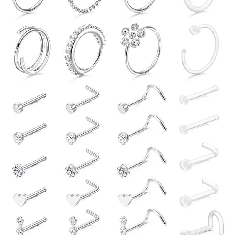 32 Pcs Unisex Nose Piercing Jewelry (18G/20G), Hypoallergenic Stainless Steel Material, Clear Retainer, Hook & L Shape & Straight & Corkscrew Design, Ideal for Nose, Cartilage, Helix and Tragus, Body Jewelry