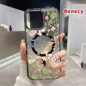 Magnetic Soft Case for iPhone 15 16 14 Pro Max 13 12 11 XR XS Plus E Floral Leaf Reverie Pattern Shockproof ultra-thin Silicone Crystal Transparent Protective Cover Supports Wireless Charging