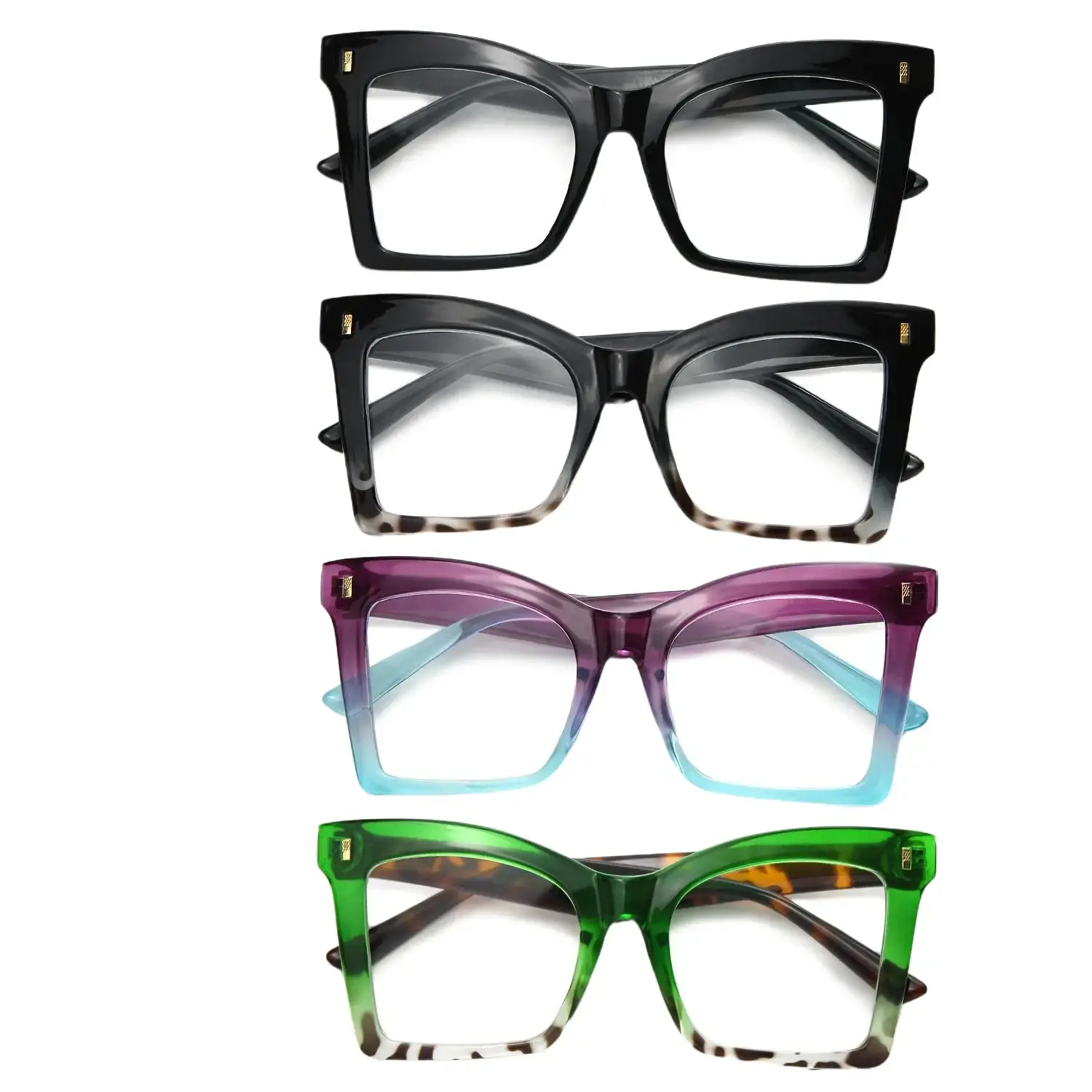 A set of 4 stylish large-frame glasses for women, featuring fashionable gradient-colored frames and unique leopard print details, perfect for everyday wear