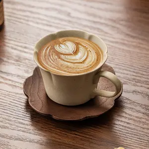 Aesthetic Ceramic Coffee Cup with Wooden Saucer, Vintage Minimalist Espresso Latte Cup for Home, Cozy Morning Coffee Mug Gift for Women Matte Drinkware
