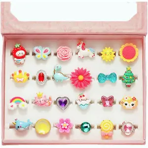 Little Girl Jewel Rings In Box, Adjustable, No Duplication, Girl Pretend Play And Dress Up Rings (24 Lovely Ring)