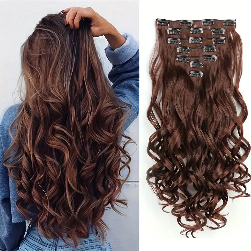 22inch Clip-in hair extensions, featuring long wavy synthetic hair, made of soft synthetic fiber, heat-resistant curly hair pieces, double-layered extensions, designed for women,Mother's Day gifts, Dolly Day gifts