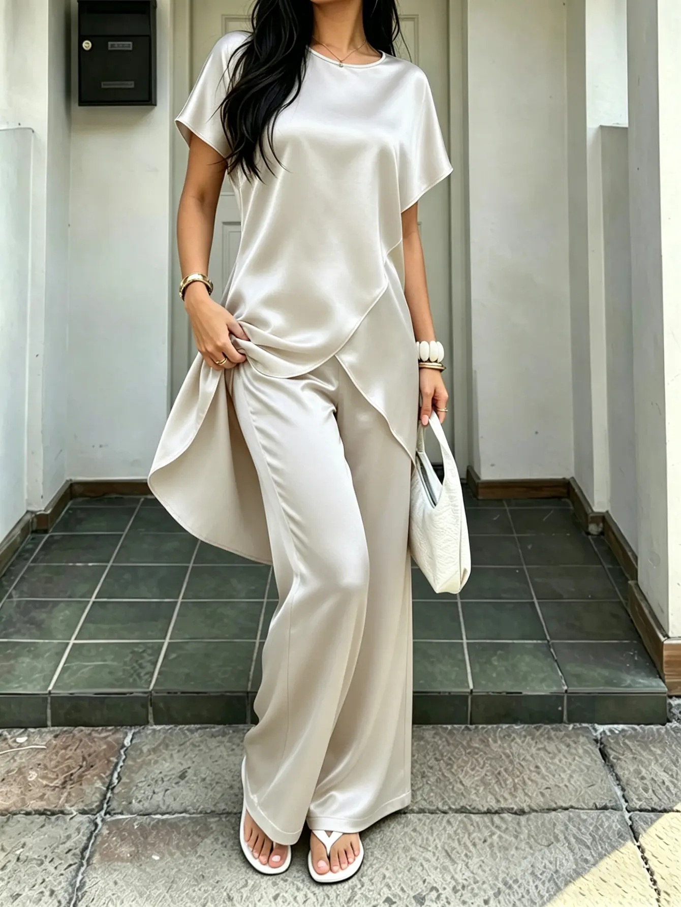 Women's Plus Size 2 Piece Satin Outfit, Elegant Tunic with Irregular Drape Hem, High Waist Flowy Wide Leg Pants for Formal Work Office, Fabric, Crew Neck, Elegant Look
