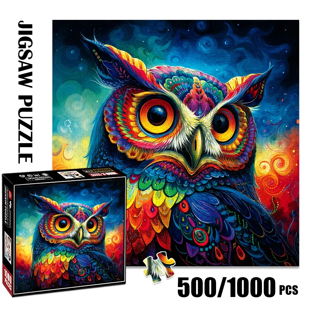 1pc 1000 piece adult puzzle 58x58cm Colorful Artistic Owl with Intricate Patterns 500 pieces paper jigsaw puzzle suitable for DIY creative games for adults and families, birthday and holiday stress r