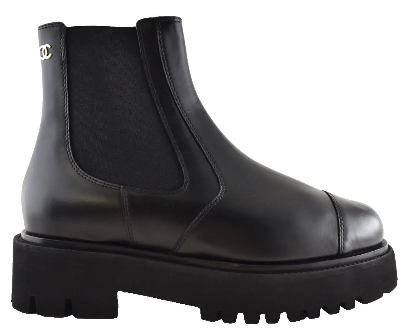 Chanel 24B Black Calfskin Leather CC Logo Pull On Chelsea Ankle Platform Boot
