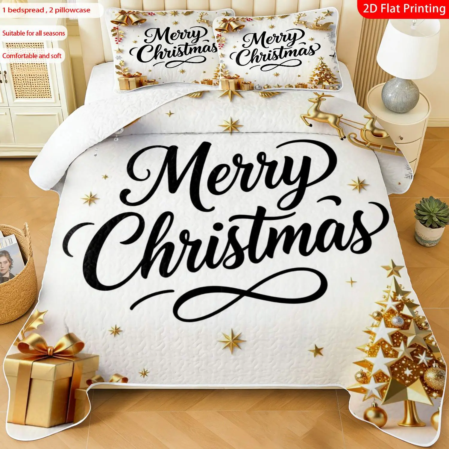 3 pcs, 2D Flat Print Merry Christmas Bedspread Set, Soft and Comfortable, Multiple Sizes Available, Suitable for Gifting and Daily Use, Ideal for Creating a Cozy Home Atmosphere(1 bedspread , 2 pillowcases)
