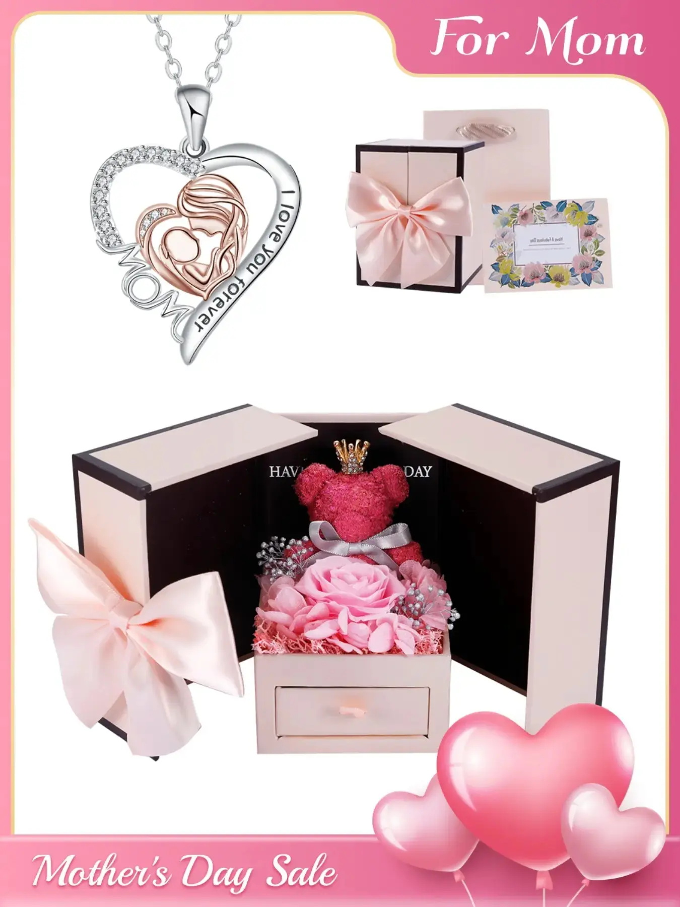 Mother's Day Gift Mommy & Me Love Heart Necklace Set with Moss Bear Rose Jewelry Box, Elegant Copper Heart Shape Pendant Necklaces, Heart Shaped Necklace, Necklace for Daughter, Perfect Gift for Mother's Day Birthday Christmas #GLOBAL PICKS