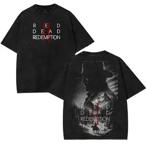 Red Dead redemption 2 V5  Double Printed Washed 2 Sided Printing T-Shirt RPG action Video anime manga Games movie Streetwear graphic tees Casual Cotton sweater men