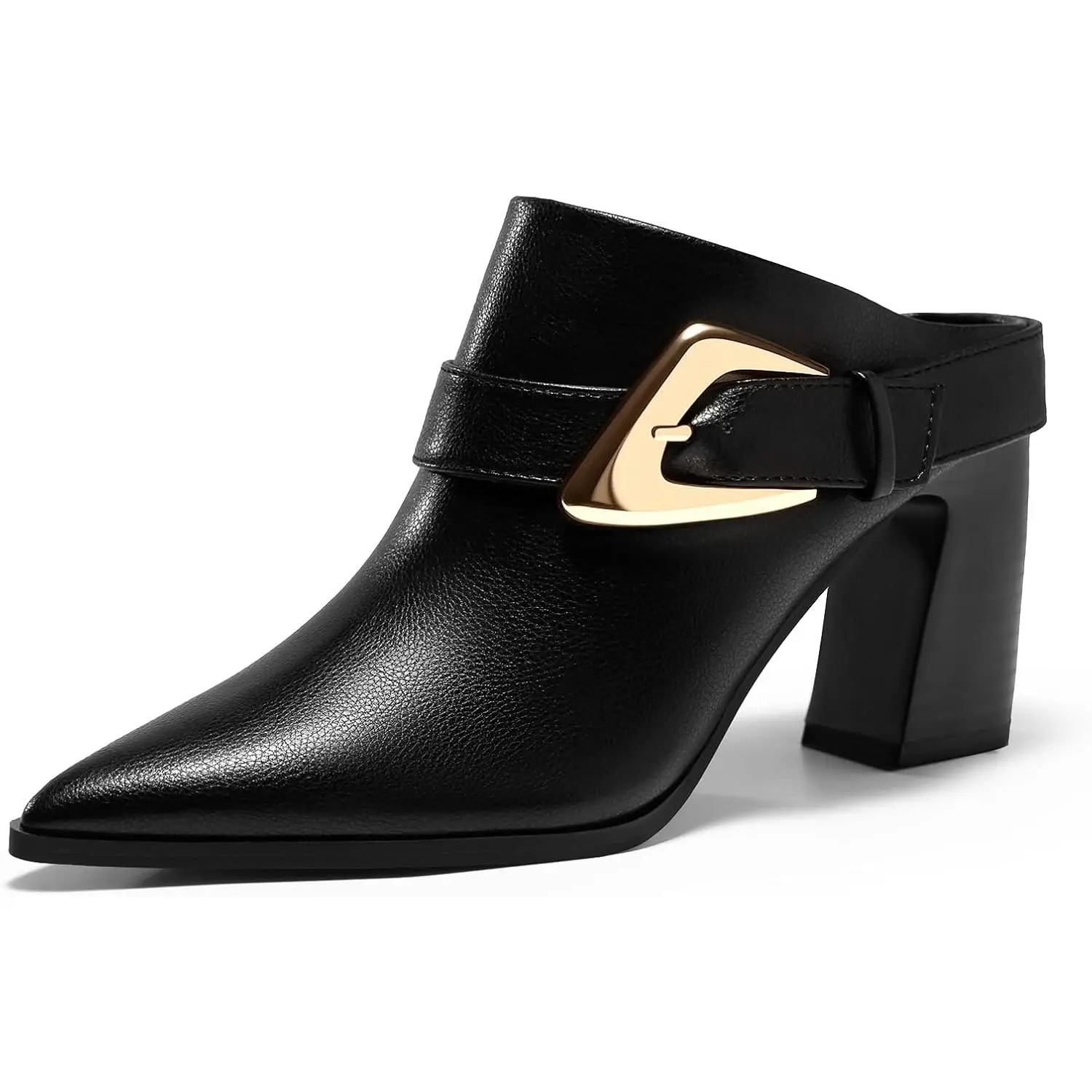 Coutgo Women's Plain Lightweight Black Mules - Pointed Toe Glam Heels, Slip-On Dress Shoes with Chunky Stacked Heel Buckle Detail, Jeans‑To‑Dresses