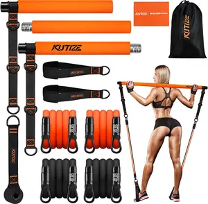 Pilates Bar Kit with Resistance Bands Fitness Training Band Adjustable 3-Section Home Gym Workout Equipment for Full Body Training Squats Legs Arms Core Men Women Calisthenics Tools Stretching Gear Lifting Strap