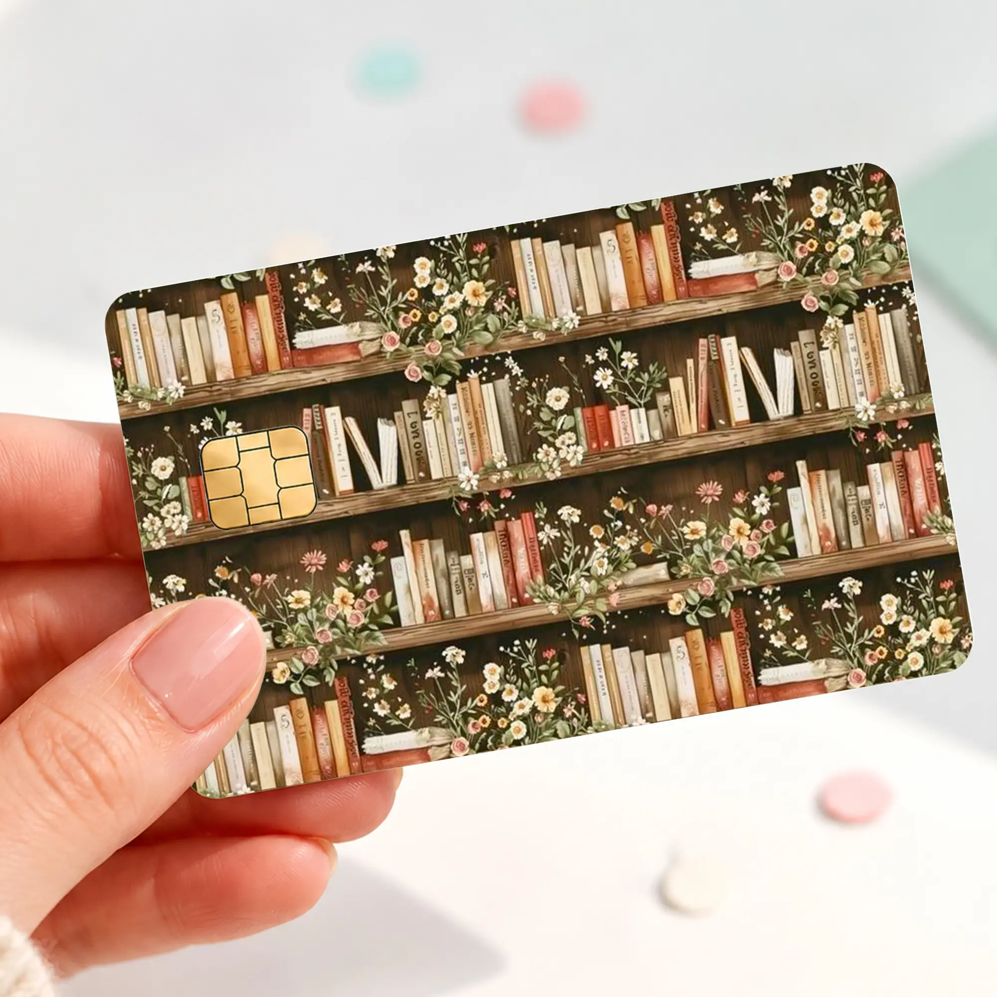 Floral Bookshelf Credit Card Skin Sticker, Cottagecore Book Lover Debit Card Cover, Vintage Library Bank Card Decal, Cozy Reader Card Wrap Gift