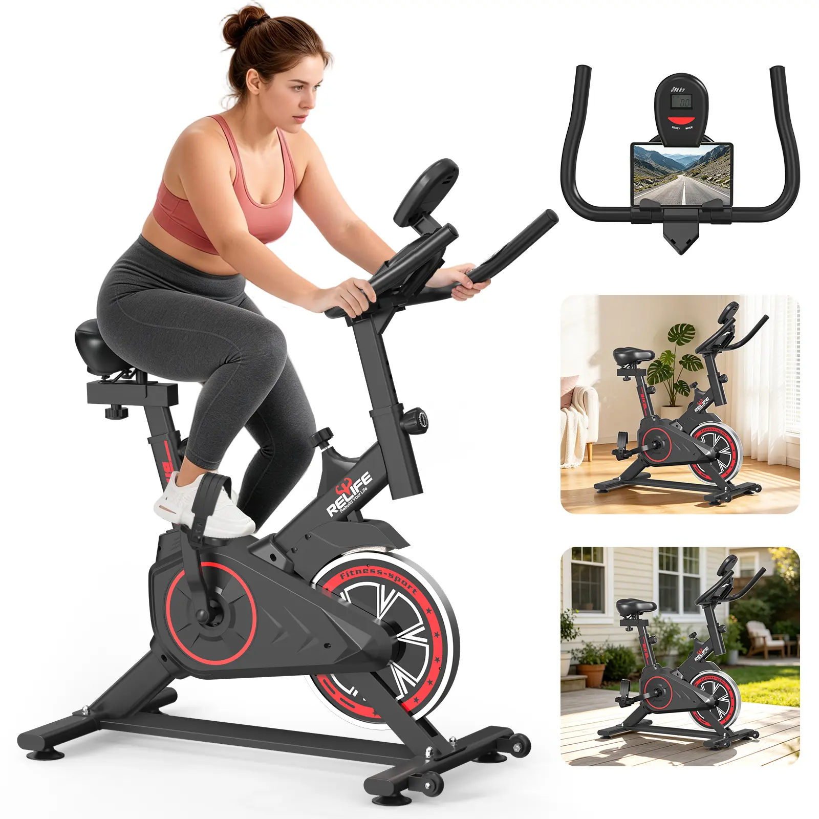 RELIFESPORTS Sporty Exercise Bike - Indoor Cycle with Magnetic Resistance, Silent Belt Drive, LCD Screen Monitor, Tablet Holder, Adjustable Ergo Seat, Emergency Brake - Home Fitness Exercise Equipment for Fit at Home Workouts
