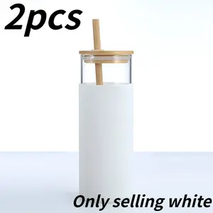 2pcs Bamboo Wood Straw Cup with Bamboo Lid Silicone Sleeve, Insulated Glass Cup, Simple High-Temperature Resistant Water Cup
