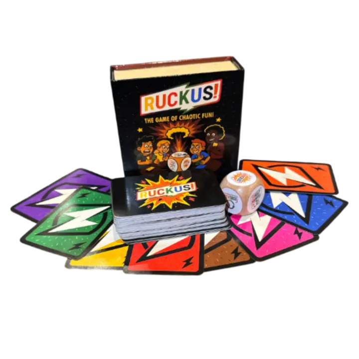 Ruckus! Chaotic Fun Card Game - Fast-Paced Family Board Game with Chaotic Die, 4-Card Win Race, Instant Party Chaos for Ages 7+