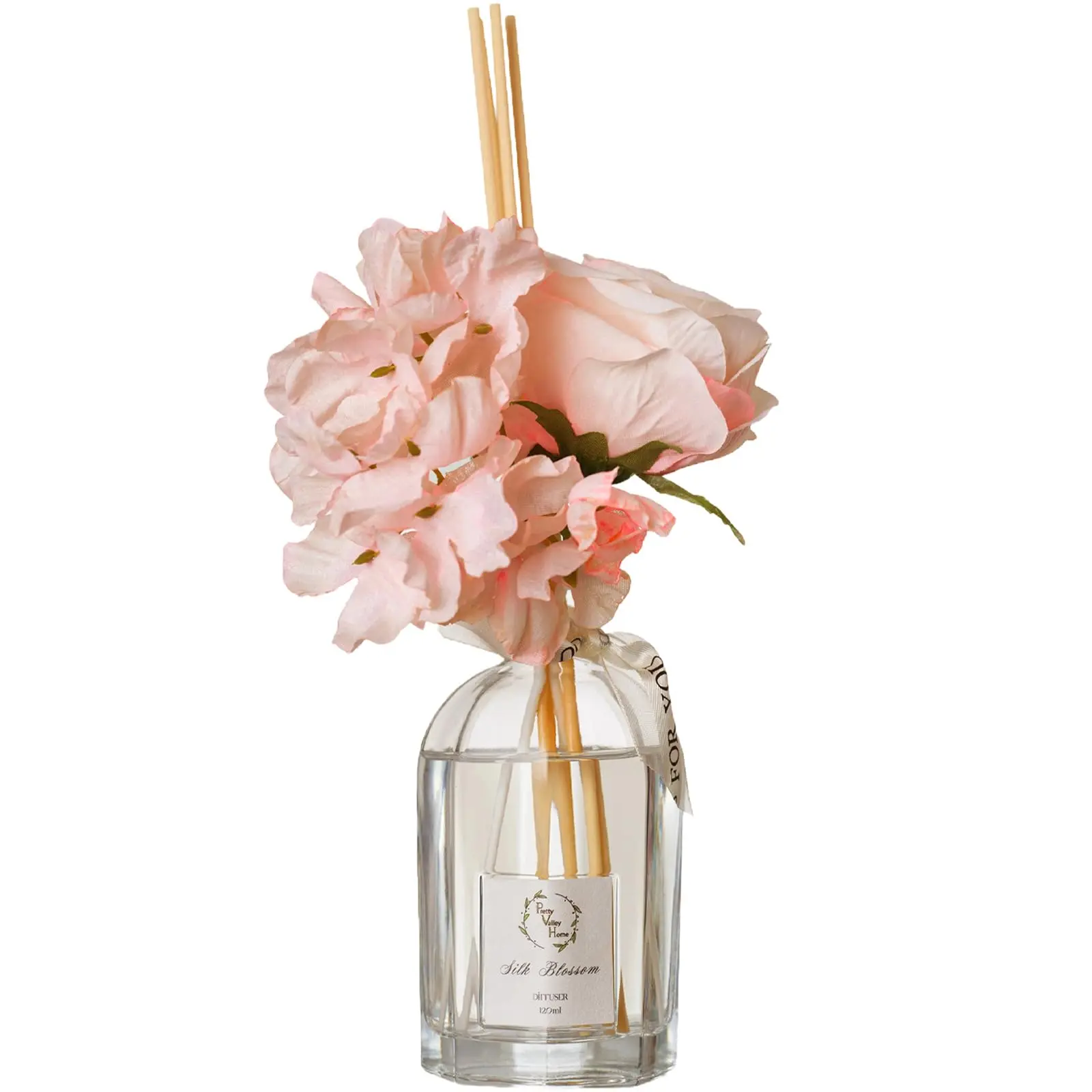 Reed Diffuser Set, Pretty Valley Home Dried Flowers Diffuser 120Ml / 4.05 fl OZ Gift Box - Includes Sticks, Long Lasting Fragrance Oil and Glass Bottle for Office Living Room Decor (Silk Blossom)