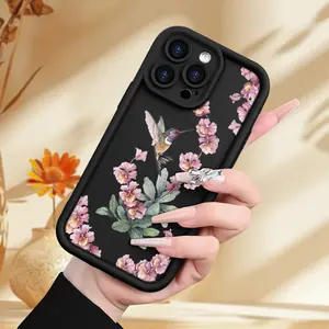 Black High Bamboo Phone Case with Pink Flowers And Bird Patterns, Compatible with Galaxy S24 Ultra/S24 Plus/S24/S23 Ultra/S23 FE/A55/A54/A53/A52/A52S/A51/A50/A50S/A35/A34/A33/A32/A24/A23/A22/A21S/A20/A20S/A15/A14/A13/A12/A10S/A05S/A05/A03S/A03.