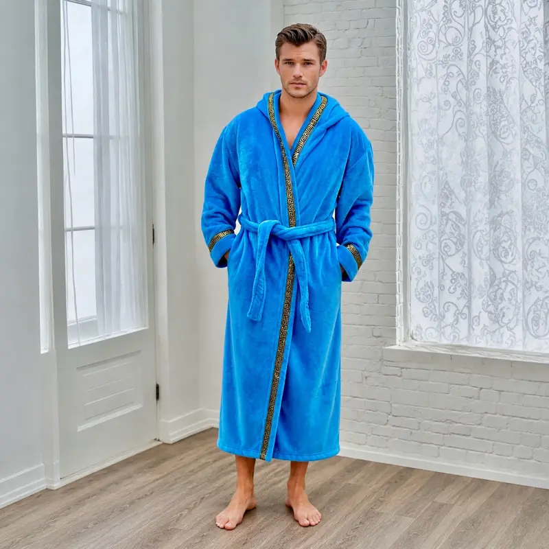 Sky Blue Hooded Royalty Robe with gold Greek key trim - Mens Soft Fleece Bathrobe with Hood - Casual Loungewear Menswear Nightwear