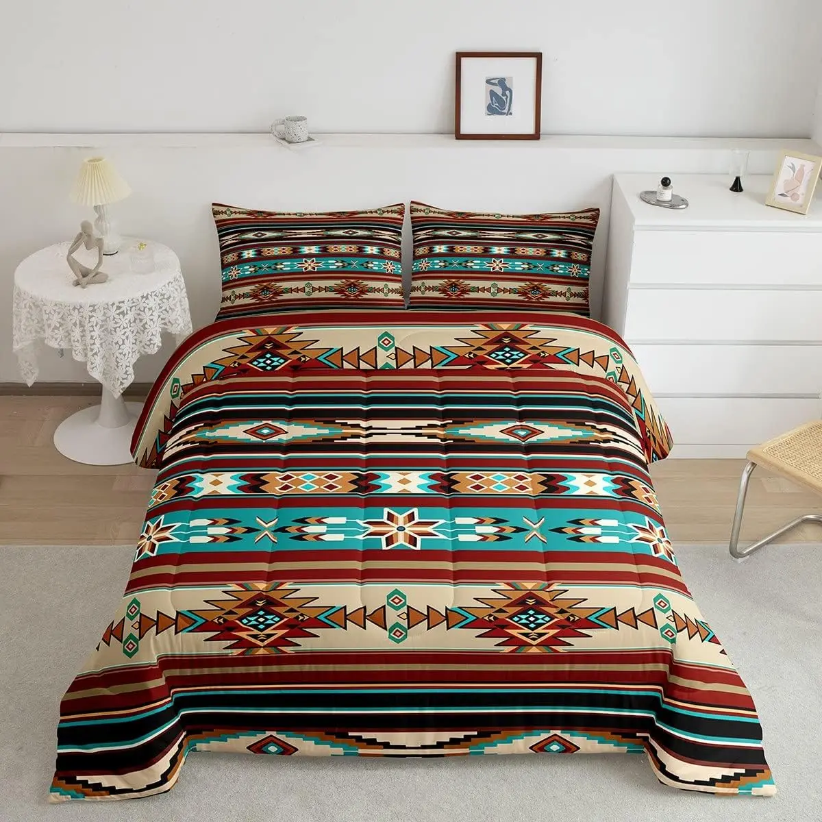 Feelyou Queen Size Duvet Set - Bohemian Aztec Exotic Southwestern Bedding with Colorful Geometric Stripes, Soft Machine Washable Comforter Set, Bedding Sets, Queen Comforter Set