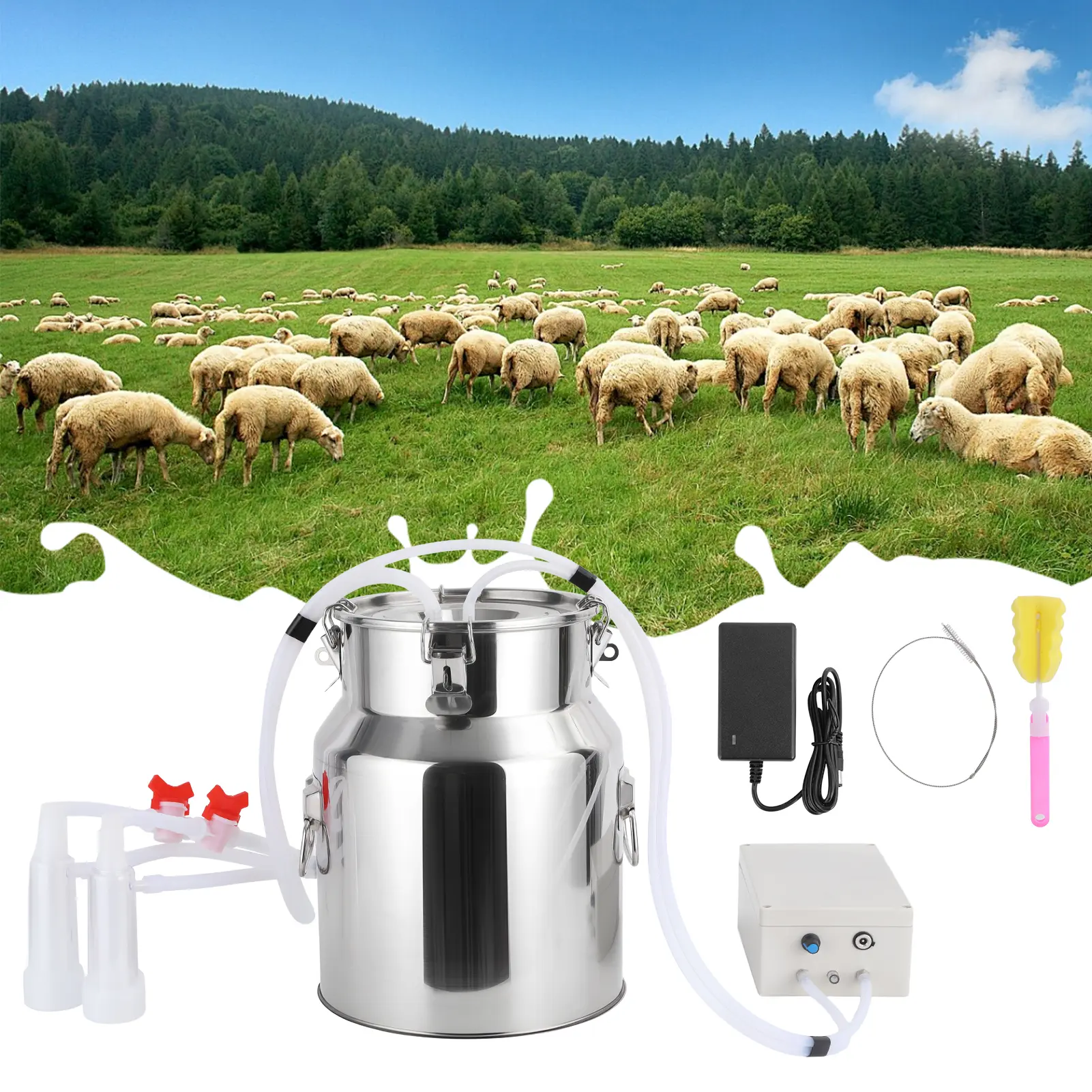 Automatic Pulsating Goat Milking Tool, 14L/5L Stainless Steel Bucket, Food-Grade Silicone Cups & Tubes, Portable Adjustable Suction Machine with Auto Shut-Off Pulsing Action for Farm Use