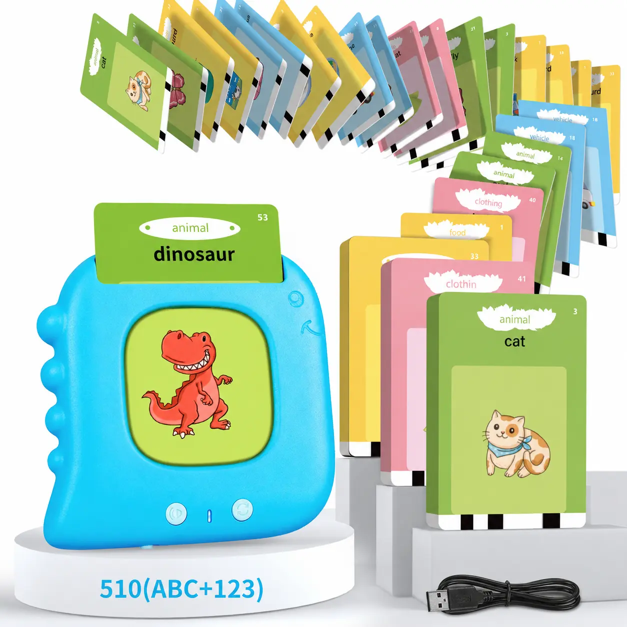 Dinosaur Talking Flash Cards with 510/254/224 Sight Words, Speech Therapy Dino Toys, Montessori learning toys, Toddler Flash Cards, Autism Sensory Toys, Toddler Learning Toys, Preschool Birthday Gifts for 1 2 3 4 5 Years Old (Blue)