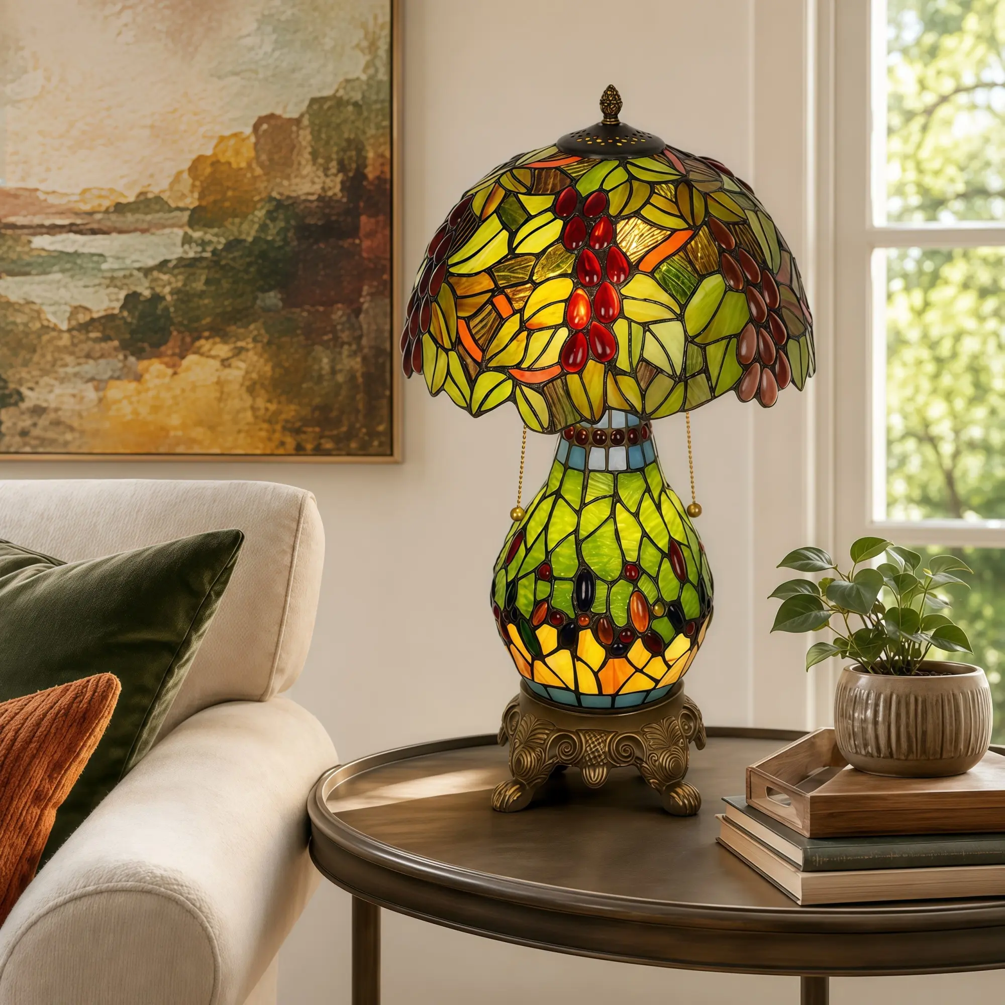 12.2 Inch Tiffany Grape Mother-Daughter Table Lamp, 3-Light Stained Glass Desk Lamp with Pull Chain Switch, E26 Vintage Antique Bronze Base, Multicolor Grape Pattern Accent Light for Bedroom Living Room Decor