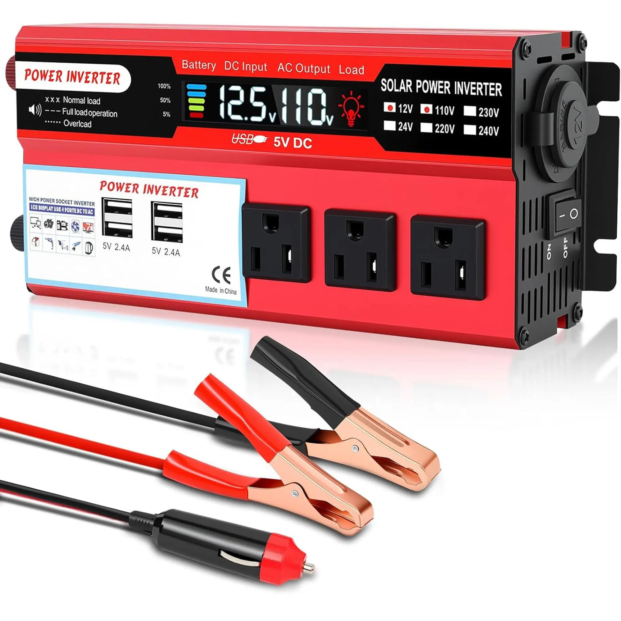 Portable 1000W Power Inverter, DC 12V to AC 120V Car Converter with LCD Screen, 3 US Sockets + 4 USB Charging Ports, Cigarette Lighter & Battery Clamps for Vehicle & Home Emergency, Clamp For Higher, Overload Alerts, 1000W Daily Gear, 120V Mini Fridge